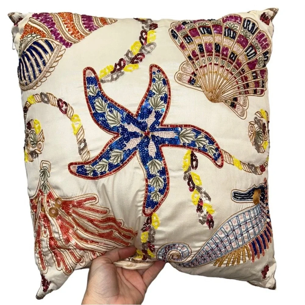 ETRO SILK embroidered beaded sequins Ocean Life pillow cover